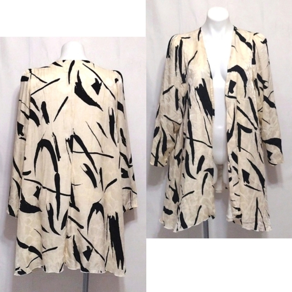 Lillie Rubin Vintage 70s Brush Print Silk Flowy Dress Coat US 10 Boho Chic Retro